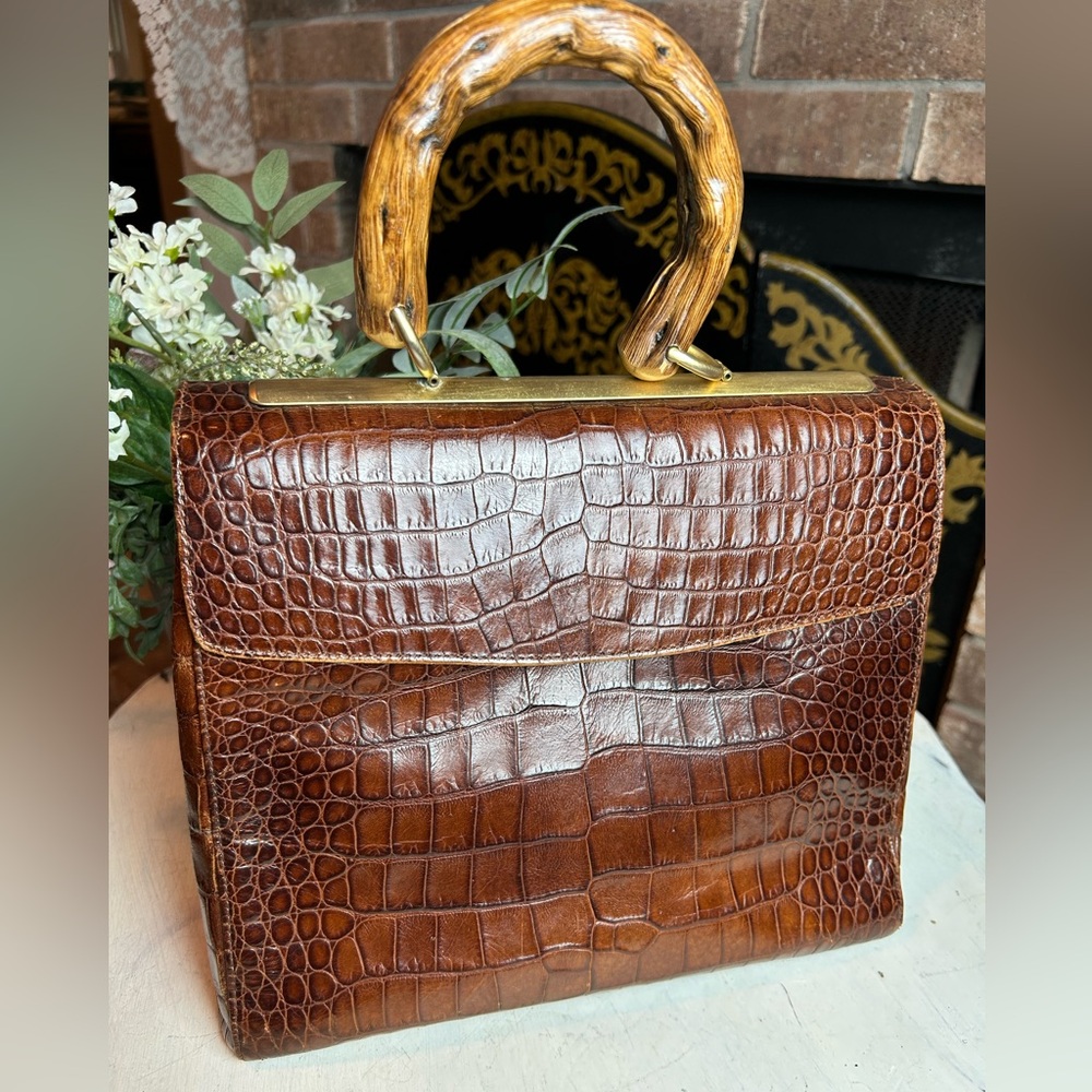 NEIMAN MARCUS Purse Bag Handbag Tote Brown Crocodile/Alligator Vintage Wood